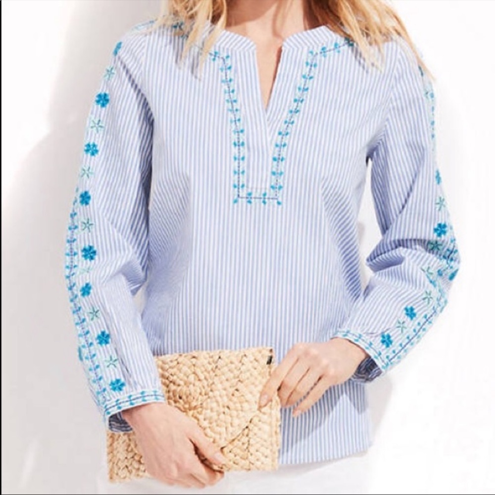 Vineyard Vines Pop Embroidered Savannah Top Size Medium Blue White Stripes